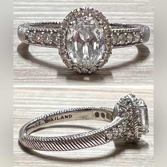 Designer Signed Judith Ripka Sterling Silver Oval Cubic Zirconia Halo Ring - Picture 2 of 15